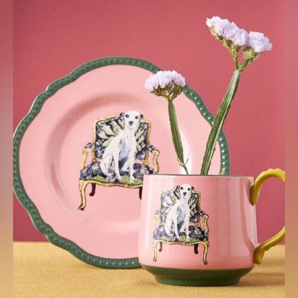 Anthropologie Pink & Green Dog Motif Dinnerware Plate